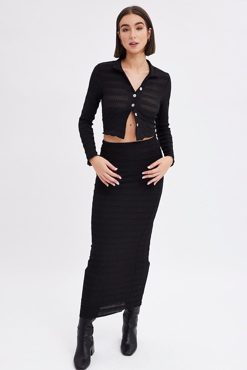 Black Crop Shirt Long Sleeve Collar Textured for Ally Fashion