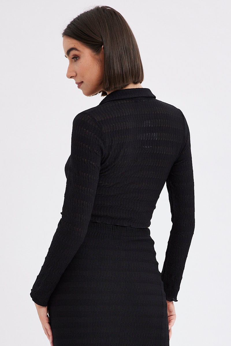 Black Crop Shirt Long Sleeve Collar Textured for Ally Fashion