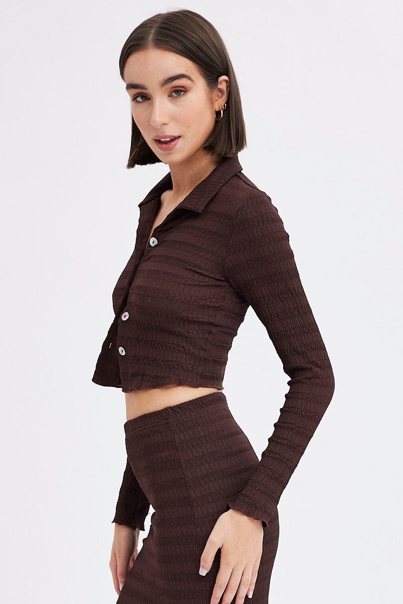 Brown Crop Shirt Long Sleeve Collar Textured for Ally Fashion