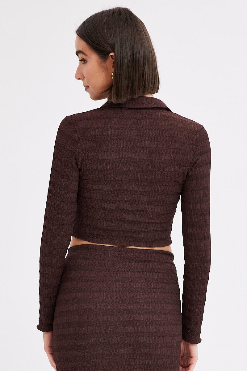 Brown Crop Shirt Long Sleeve Collar Textured for Ally Fashion