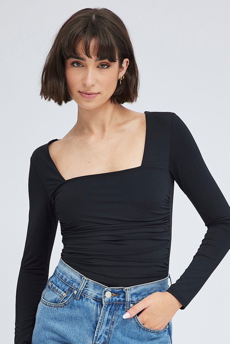 Black Bodysuit Long-Sleeve Square-Neck Ruched Nylon from Ally Fashion