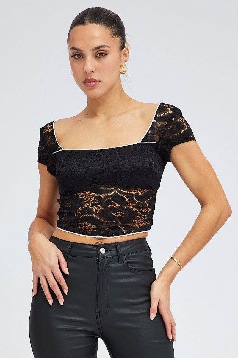 Black Lace Top Cap Sleeve Square Neck Open Back Stretch for Ally Fashion