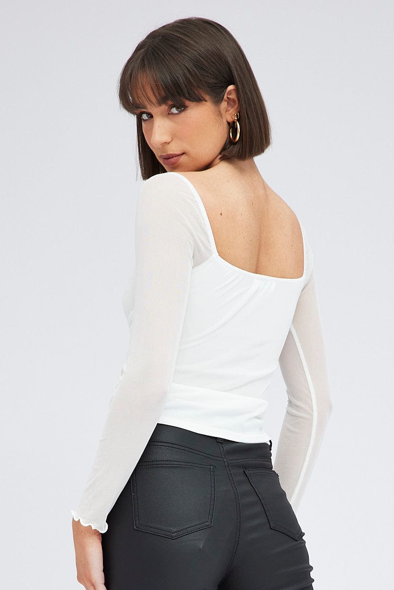 White Top Long Sleeve Sweetheart Keyhole Ruched Mesh for Ally Fashion