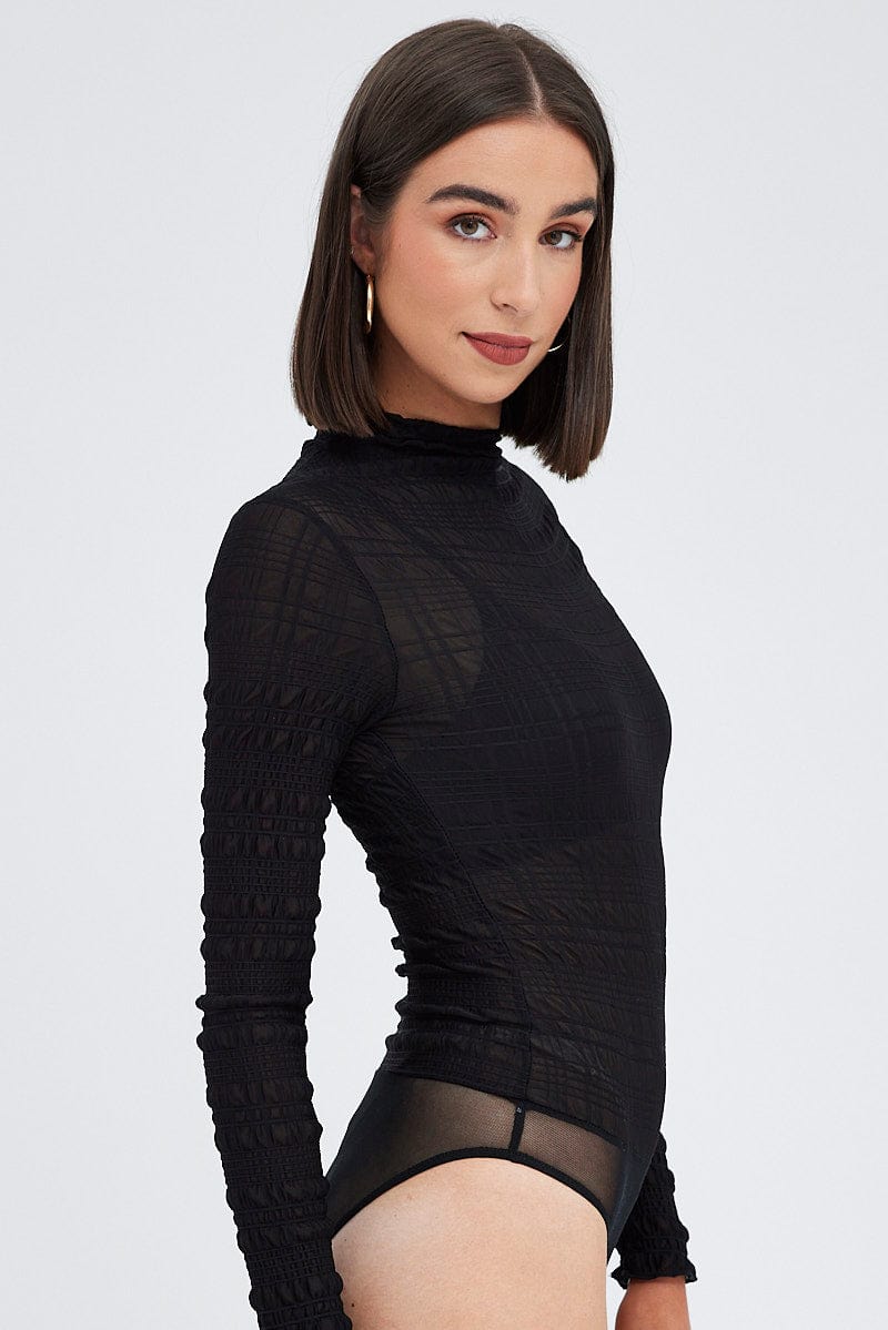 Black Sheer Bodysuit Textured Long Sleeve for Ally Fashion