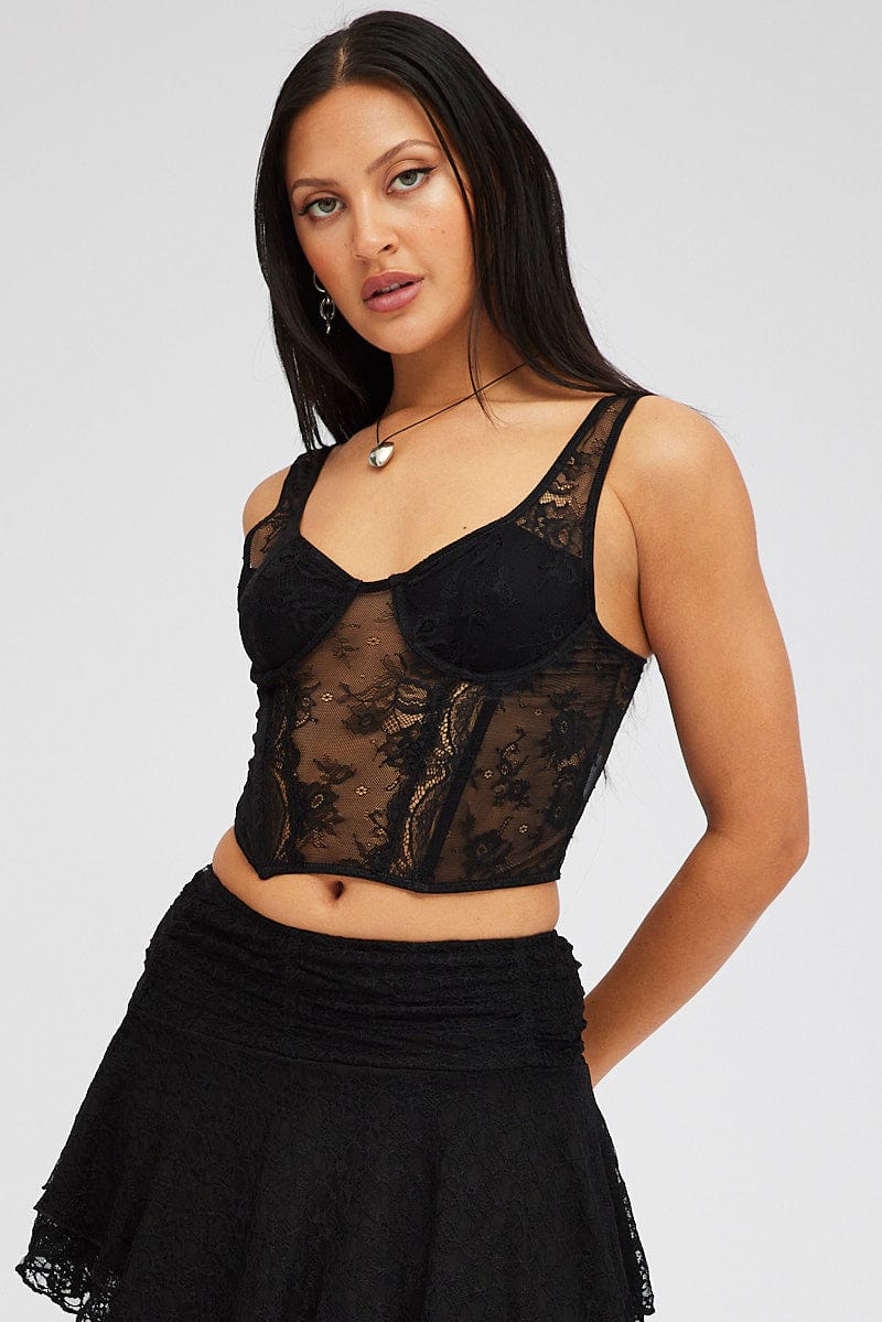 Black Black Lace Top Short Sleeve Slightly Stretch for Ally Fashion