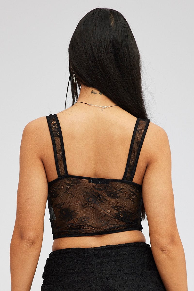 Black Lace Top Short Sleeve Slightly Stretch