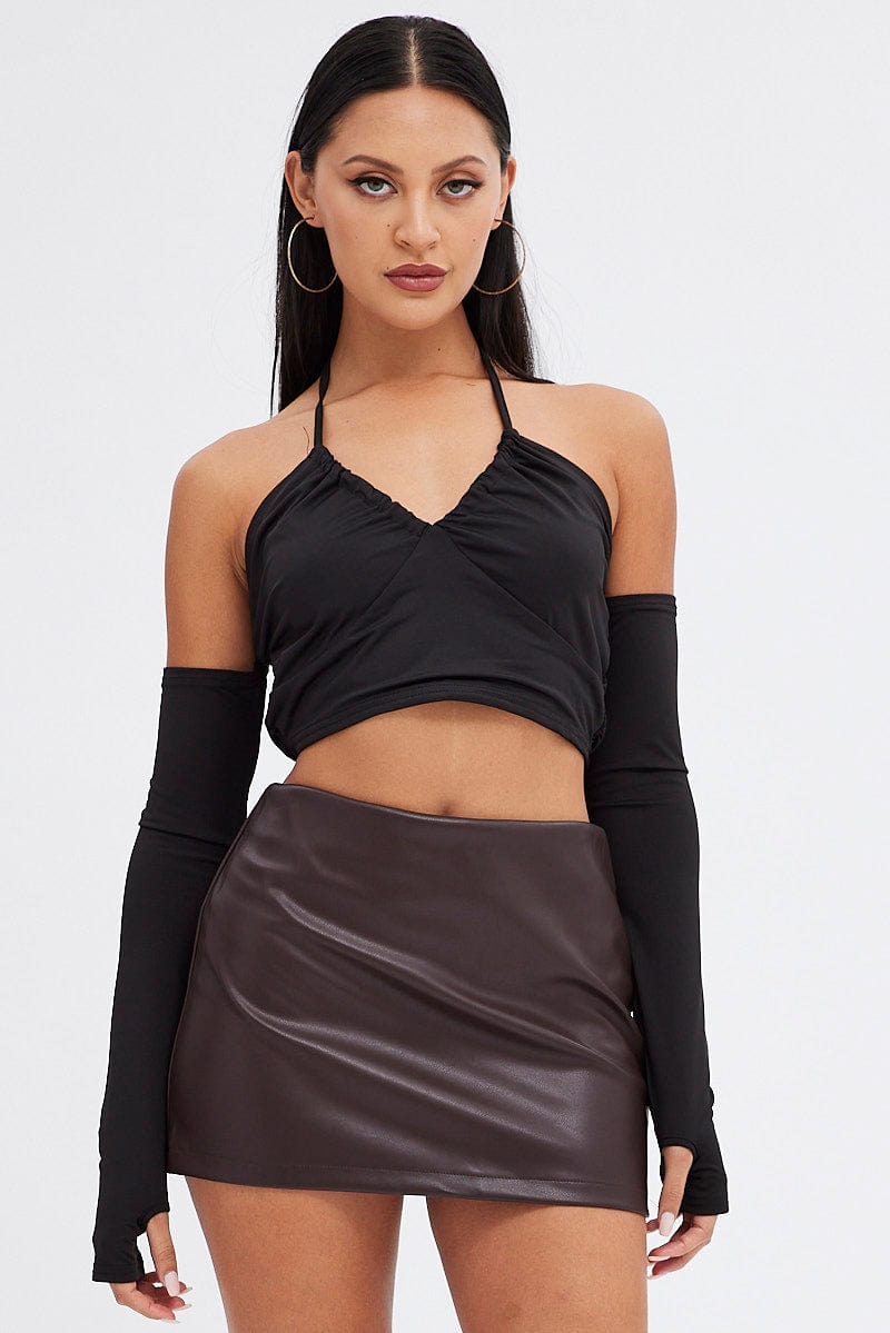 Black Halter Top Long Sleeve Crop Top for Ally Fashion