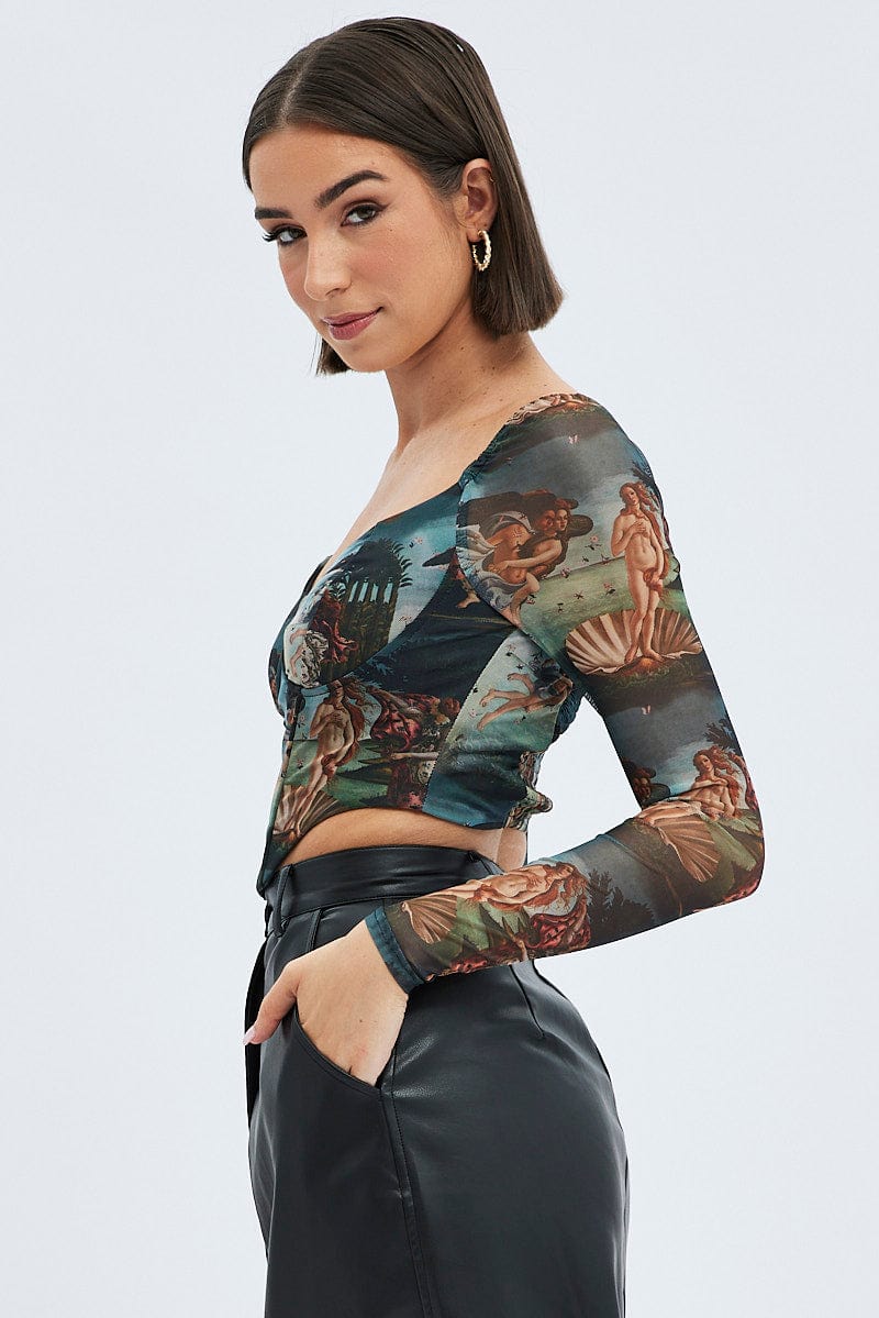 Multi Print Crop Top Long Sleeve Sweetheart Mesh Shirred for Ally Fashion