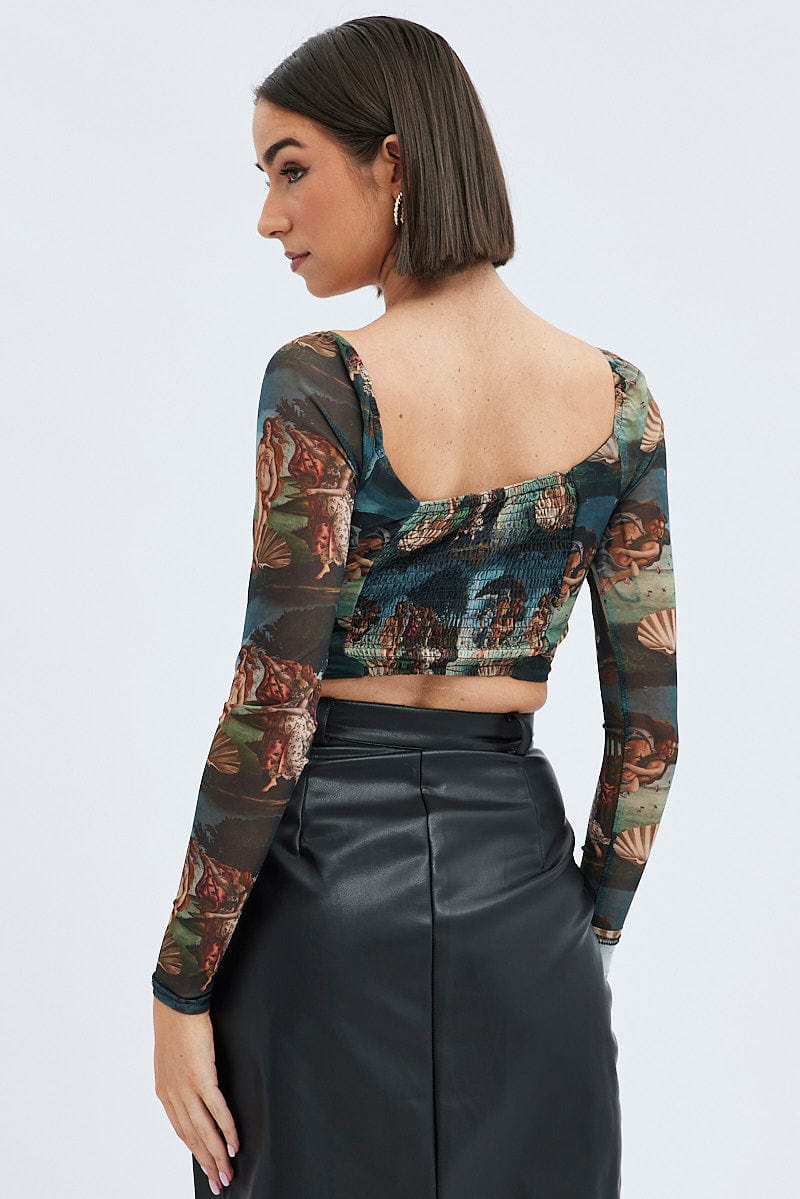 Multi Print Crop Top Long Sleeve Sweetheart Mesh Shirred for Ally Fashion