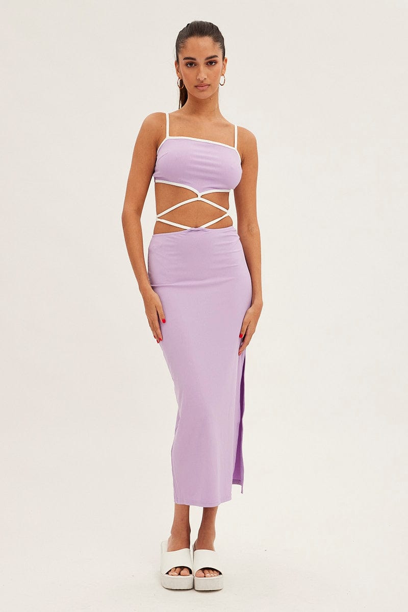 Purple Tie Top Sleeveless Crop Contrast Ribbed for Ally Fashion