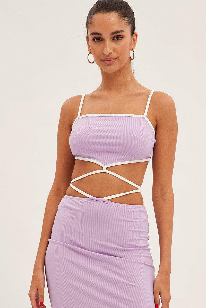 Purple Tie Top Sleeveless Crop Contrast Ribbed for Ally Fashion