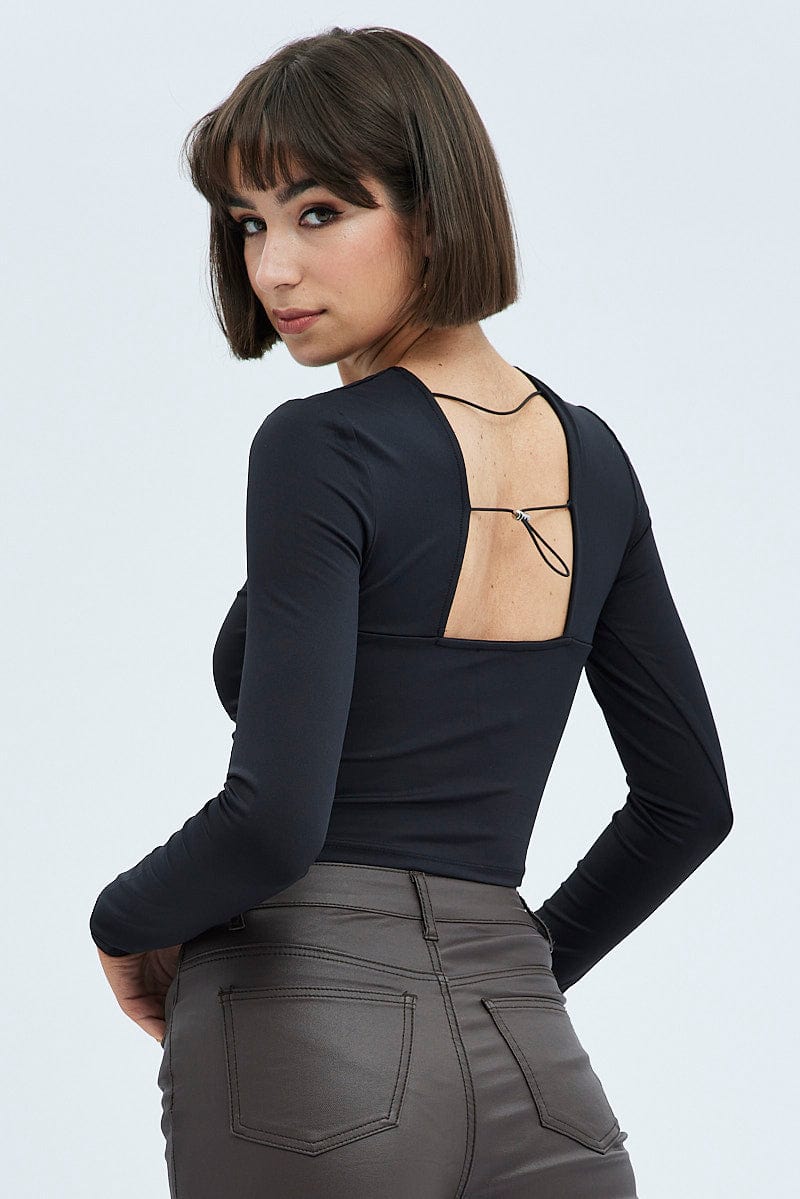 Black Top Long Sleeve Round Neck Elastic Back Jersey for Ally Fashion