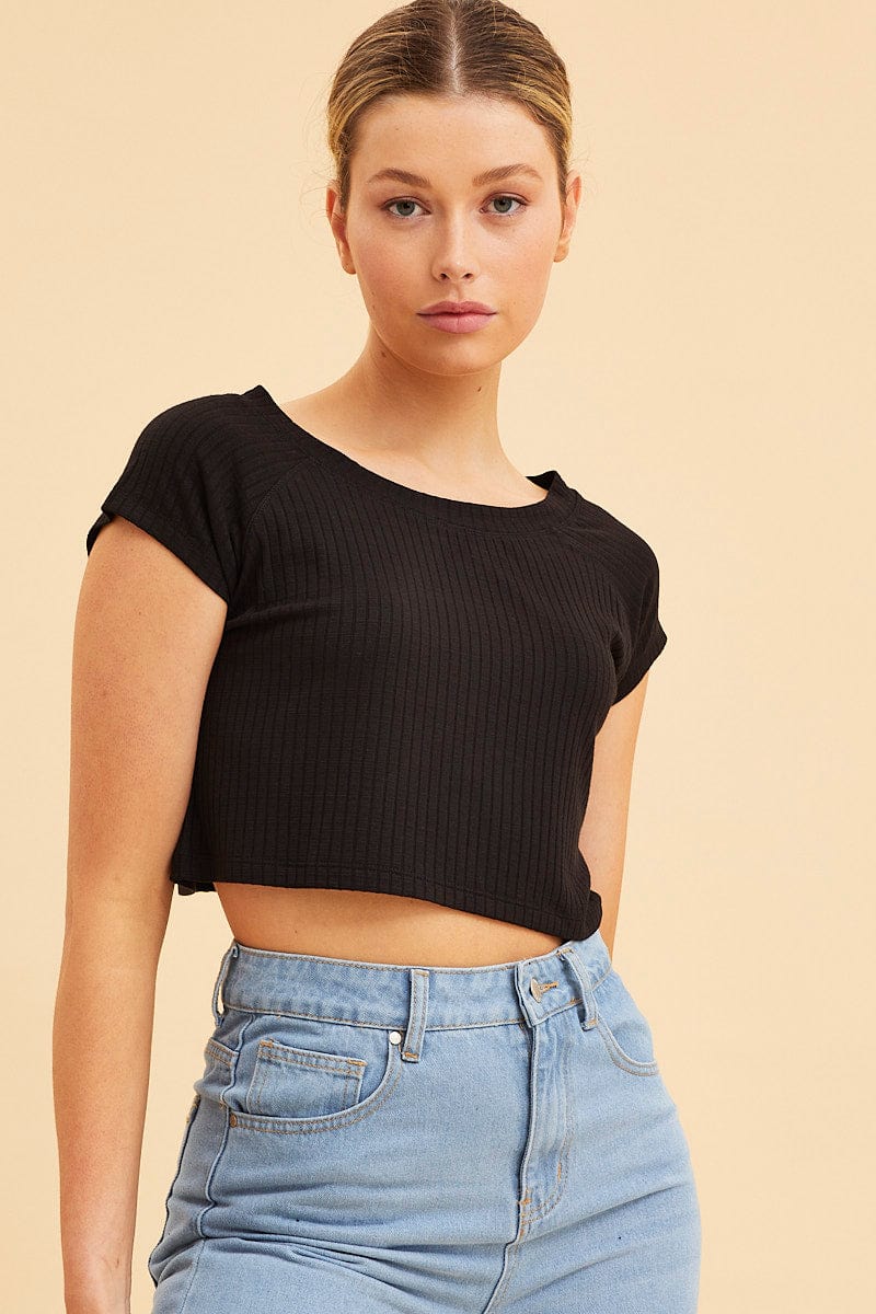 JERSEY Black Cropped T-Shirt Wide Rib Crew Neck Short Sleeve for Women by Ally