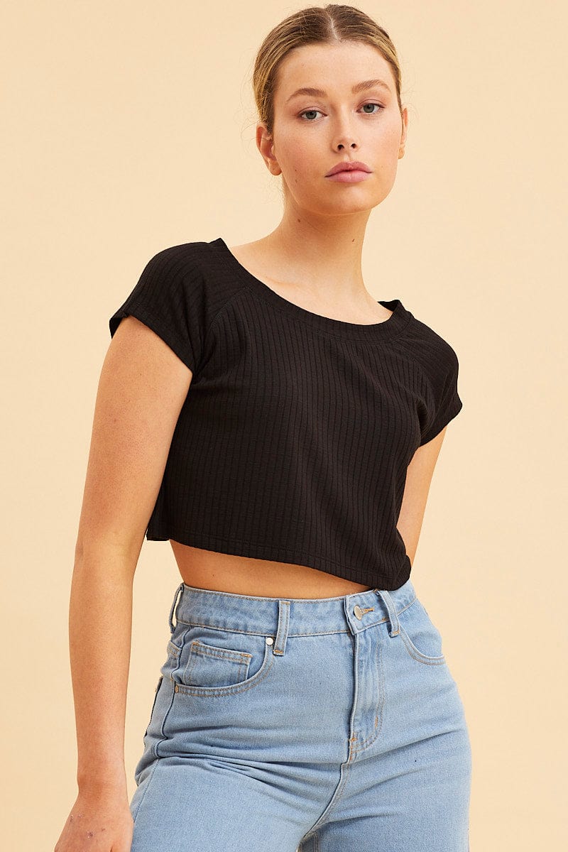 JERSEY Black Cropped T-Shirt Wide Rib Crew Neck Short Sleeve for Women by Ally