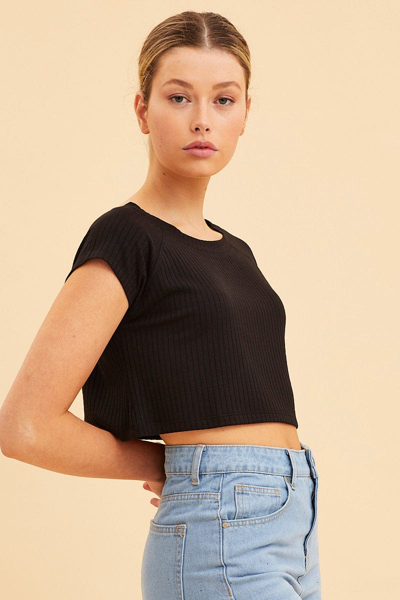 JERSEY Black Cropped T-Shirt Wide Rib Crew Neck Short Sleeve for Women by Ally