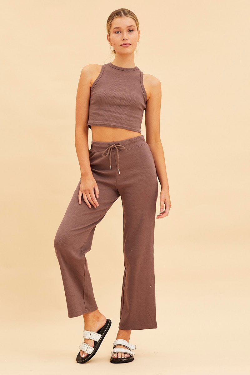 JERSEY Brown Wide Leg Pant Rib Crop Drawstring Waist for Women by Ally