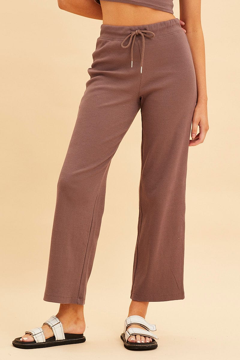 JERSEY Brown Wide Leg Pant Rib Crop Drawstring Waist for Women by Ally