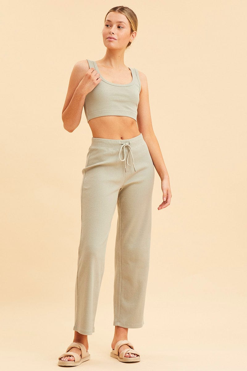 JERSEY Green Wide Leg Pant Rib Crop Drawstring Waist for Women by Ally