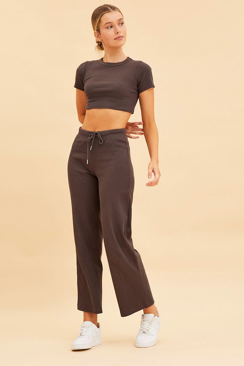 Monki Cilla jersey ribbed wide leg cropped trousers in beige | ASOS