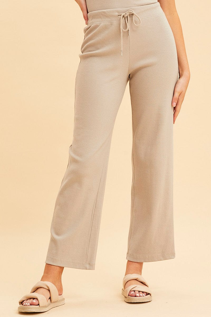 JERSEY Nude Wide Leg Pant Rib Crop Drawstring Waist for Women by Ally