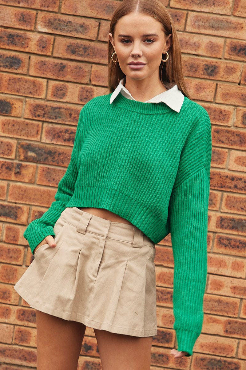 Green Knit Jumper Round Neck Long Sleeve Crop Cotton for Ally Fashion