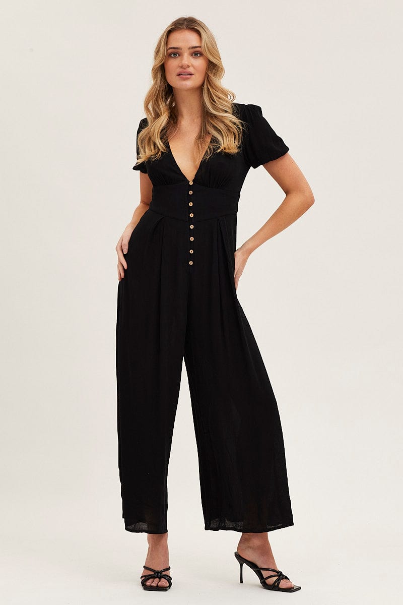 JUMPSUIT Black Jumpsuit Long Sleeve V Neck for Women by Ally