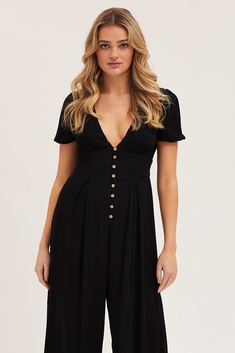 Women's Black Jumpsuit Long Sleeve V Neck Ally Fashion