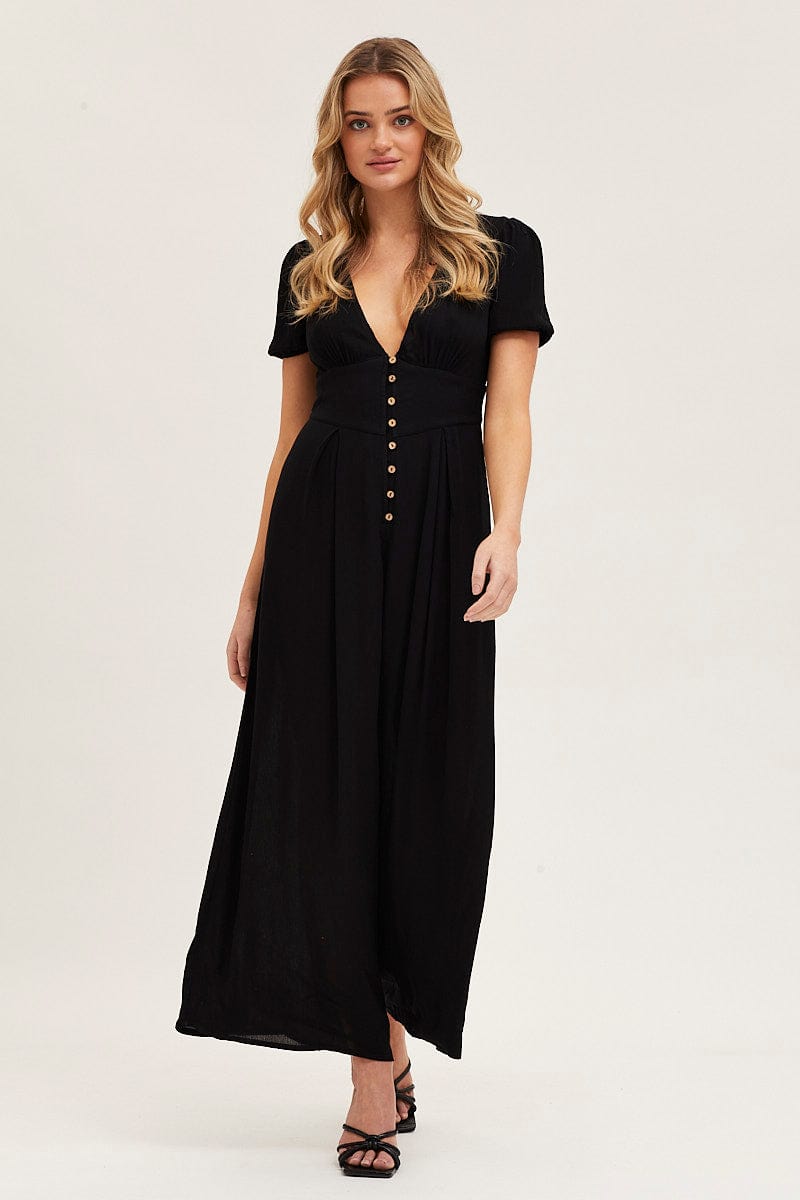JUMPSUIT Black Jumpsuit Long Sleeve V Neck for Women by Ally