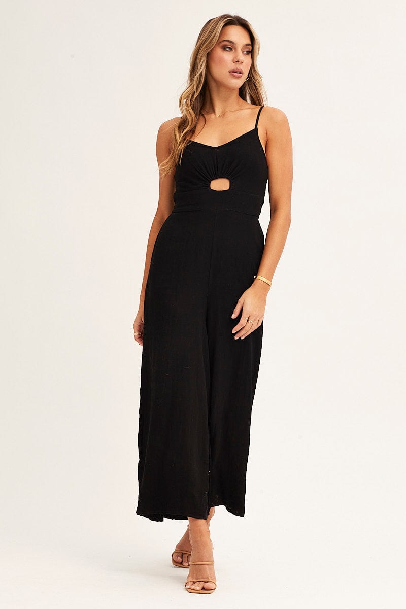 JUMPSUIT Black Sleeveless Jumpsuit Cut Out V-Neck for Women by Ally