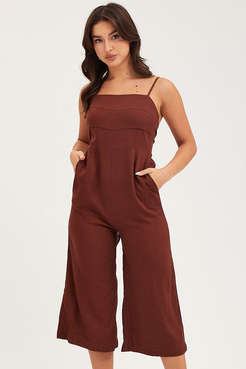 JUMPSUIT Brown Sleeveless Tie Back Jumpsuit Linen Blend for Women by Ally