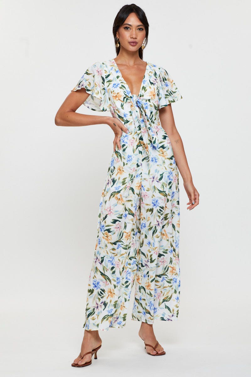 JUMPSUIT Floral Print Wide Leg Jumpsuit Short Sleeve for Women by Ally