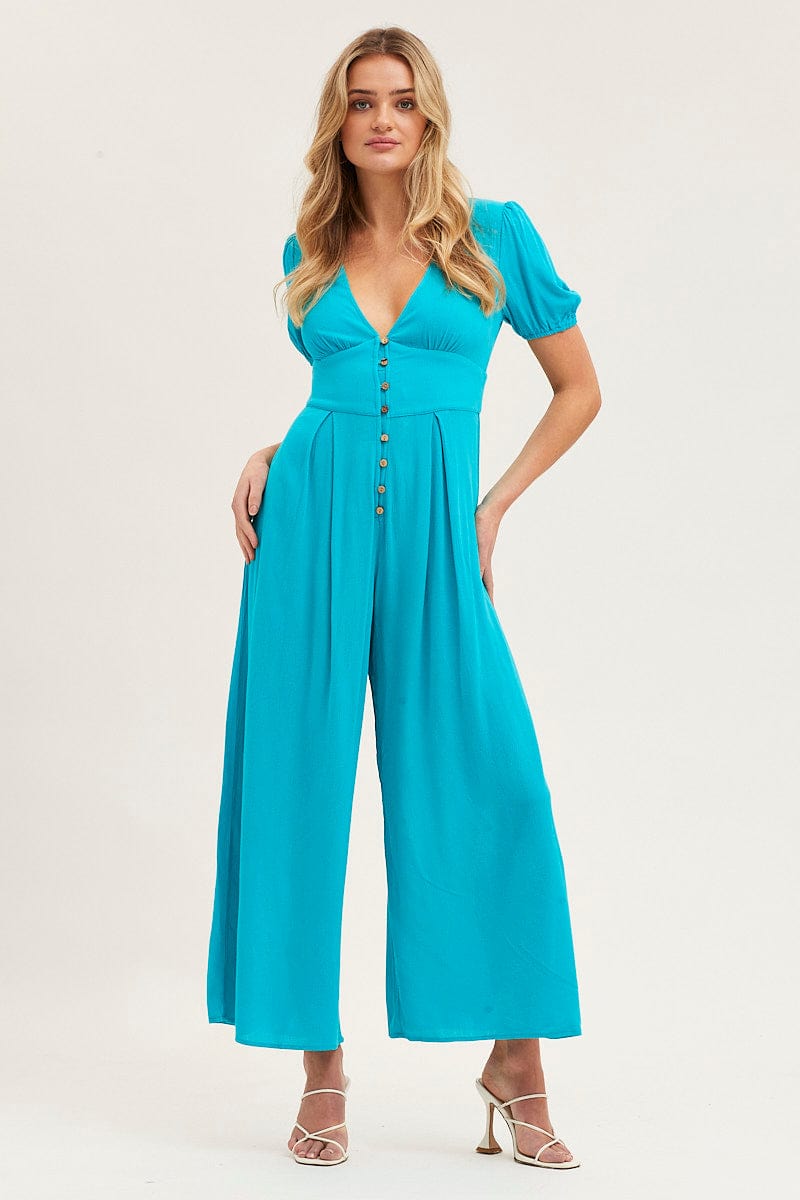 JUMPSUIT Green Jumpsuit Long Sleeve V Neck for Women by Ally