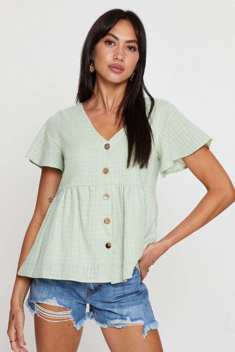 KAFTAN Green Peplum Top Short Sleeve V-Neck Button Front for Women by Ally