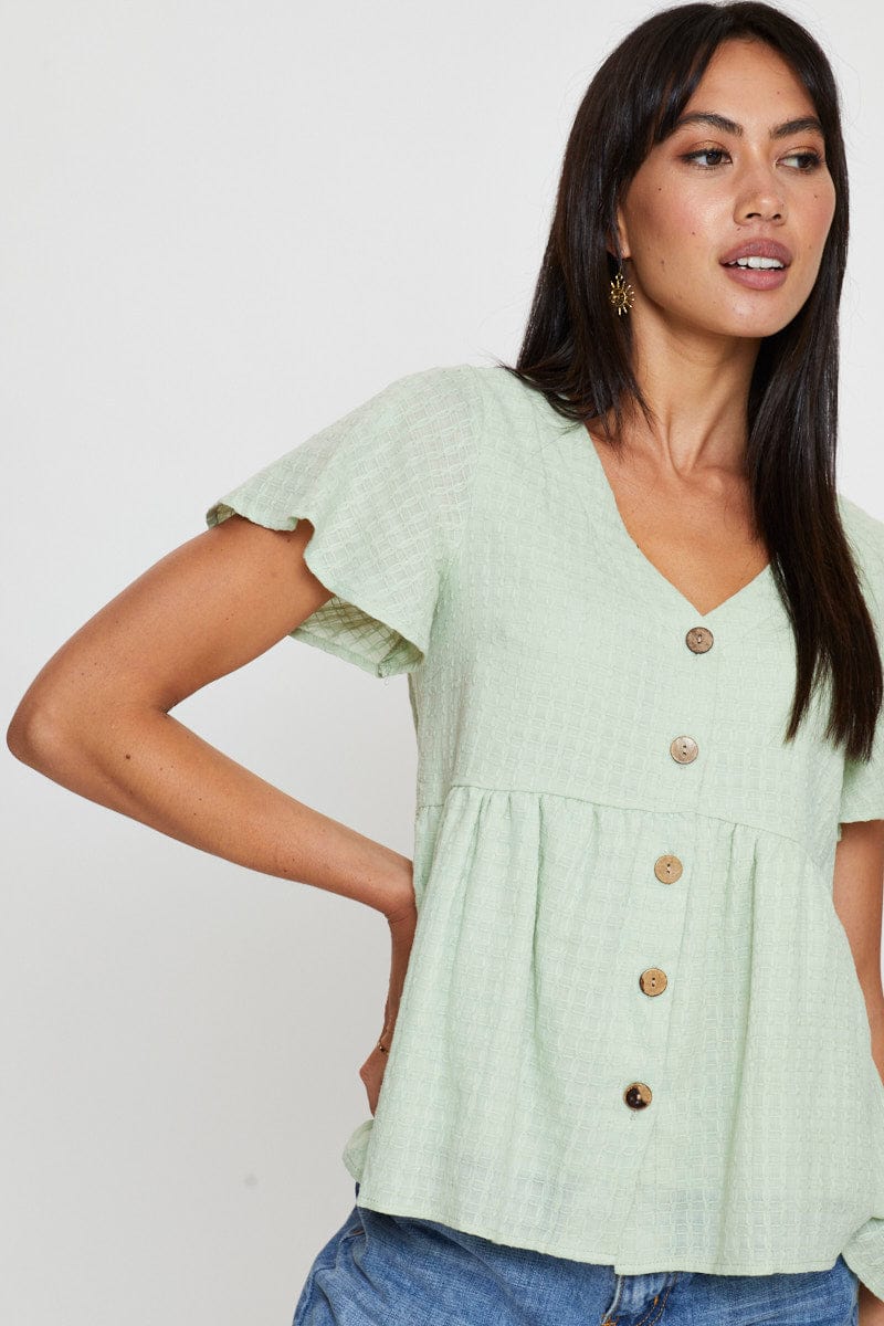 KAFTAN Green Peplum Top Short Sleeve V-Neck Button Front for Women by Ally