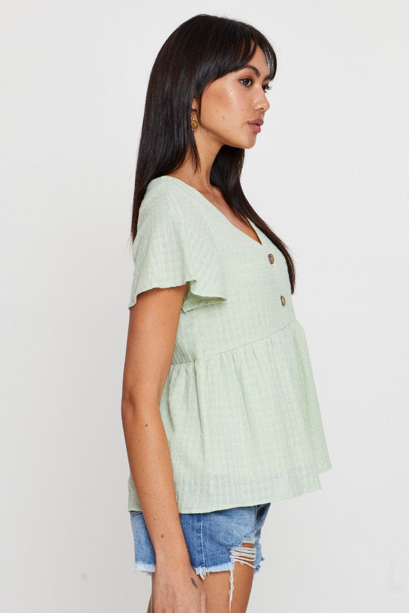 KAFTAN Green Peplum Top Short Sleeve V-Neck Button Front for Women by Ally