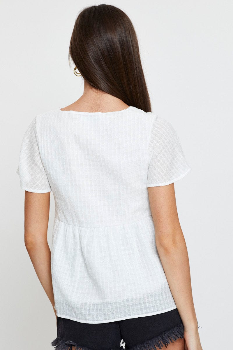 KAFTAN White Peplum Top Short Sleeve V-Neck Button Front for Women by Ally