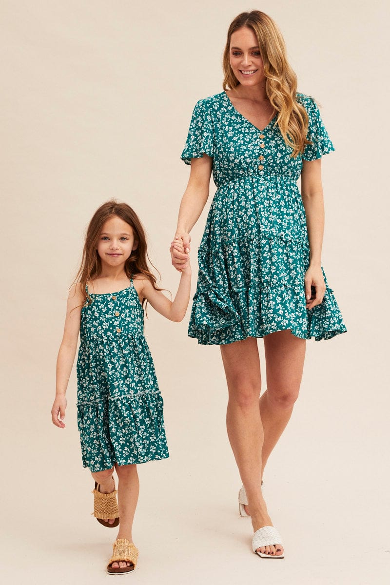 Green Ditsy Kids Sleeveless Button Front Floral Dress for Ally Fashion