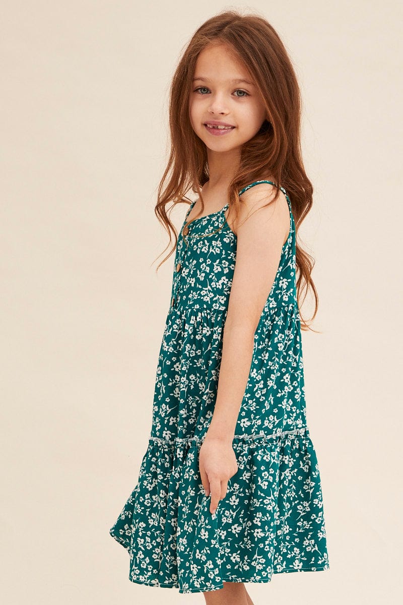 Green Ditsy Kids Sleeveless Button Front Floral Dress for Ally Fashion