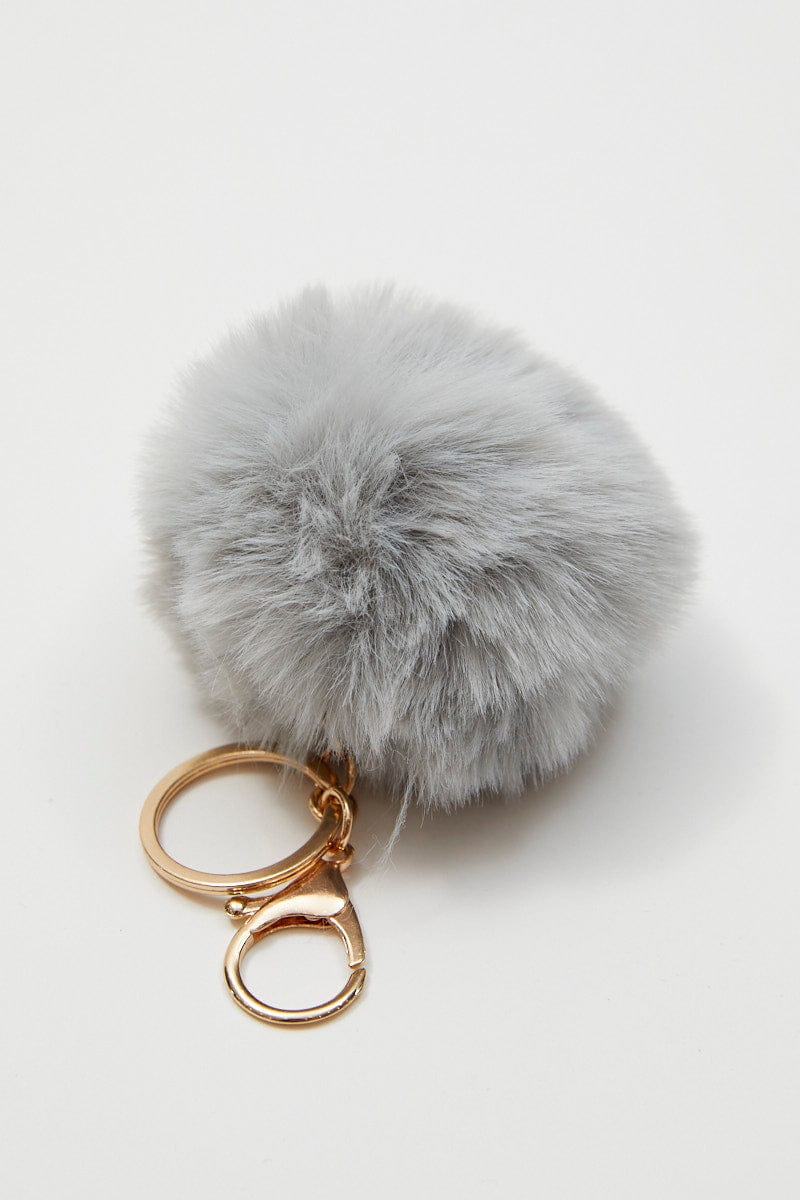 KEYRING Grey Faux Fur Pom Pom Key Ring for Women by Ally