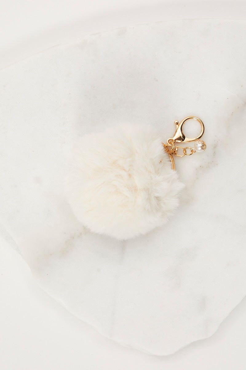 KEYRING White Faux Fur Pom Pom Key Ring for Women by Ally