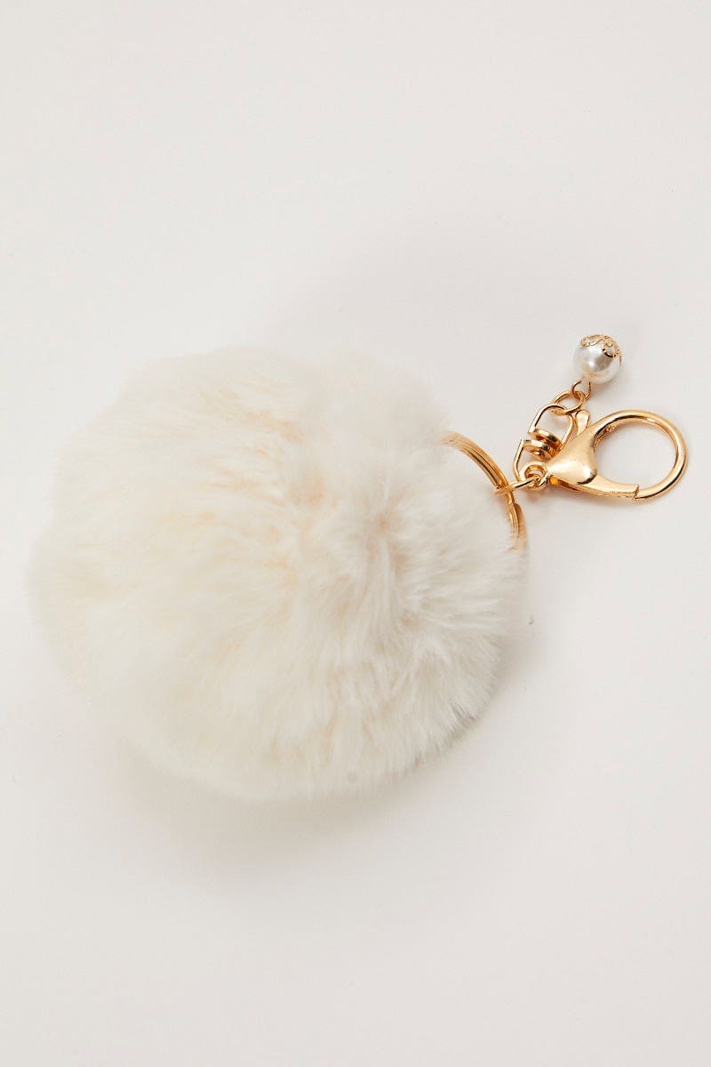 KEYRING White Faux Fur Pom Pom Key Ring for Women by Ally