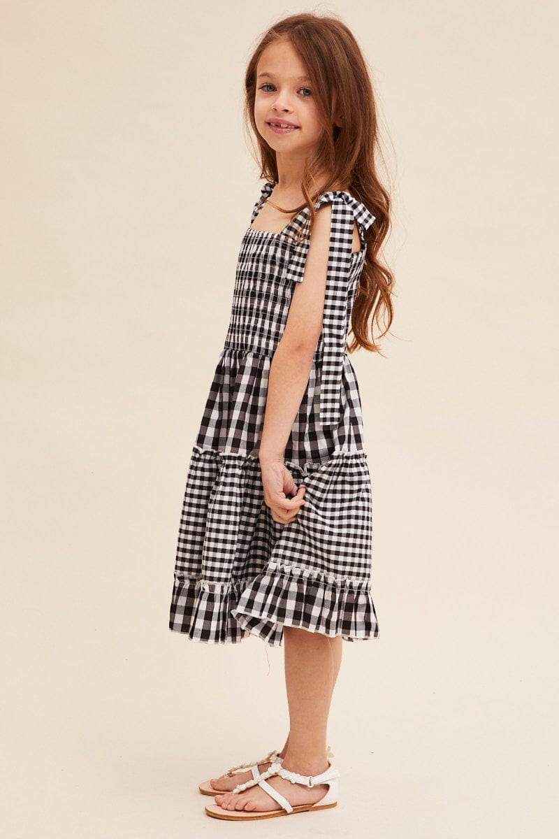 KIDS DRESS Black Check Fit And Flare Dress Sleeveless Shirred for Women by Ally