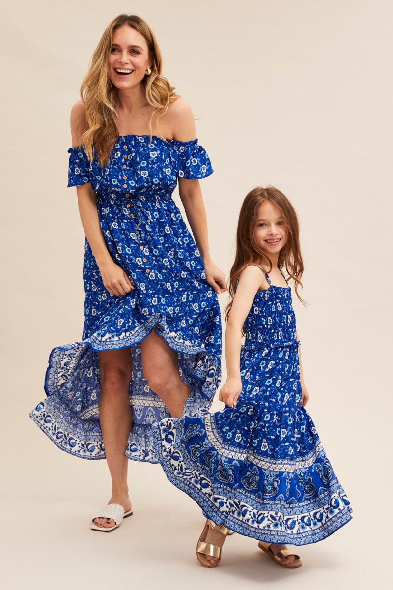 KIDS DRESS Blue Boho Kids Maxi Dress Sleeveless Tiered for Women by Ally