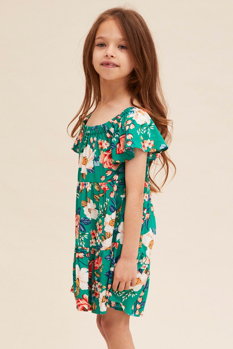 KIDS DRESS Green Floral Kids Short Sleeve Midi Dress for Women by Ally