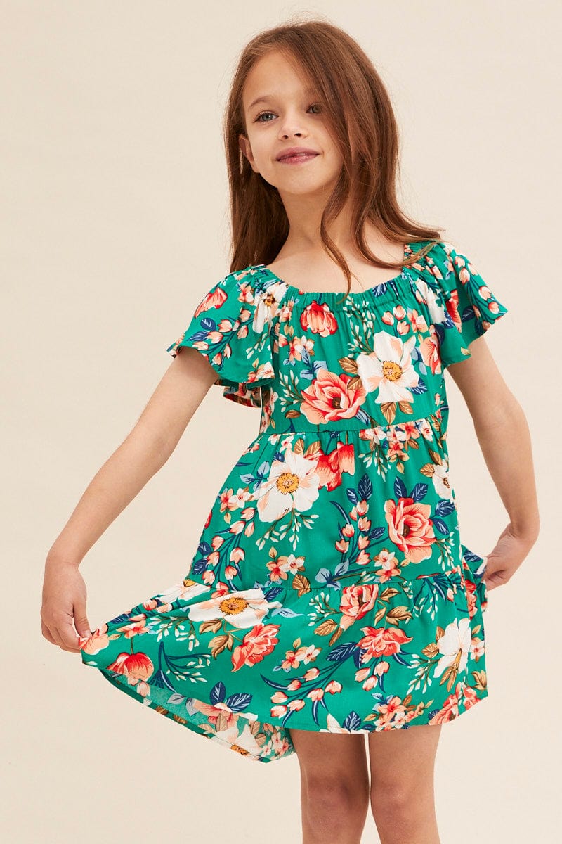 Green Floral Kids Short Sleeve Midi Dress | Ally Fashion