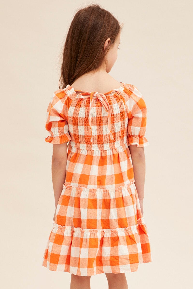 KIDS DRESS Orange Check Kids Midi Dress Short Sleeve Square Neck for Women by Ally