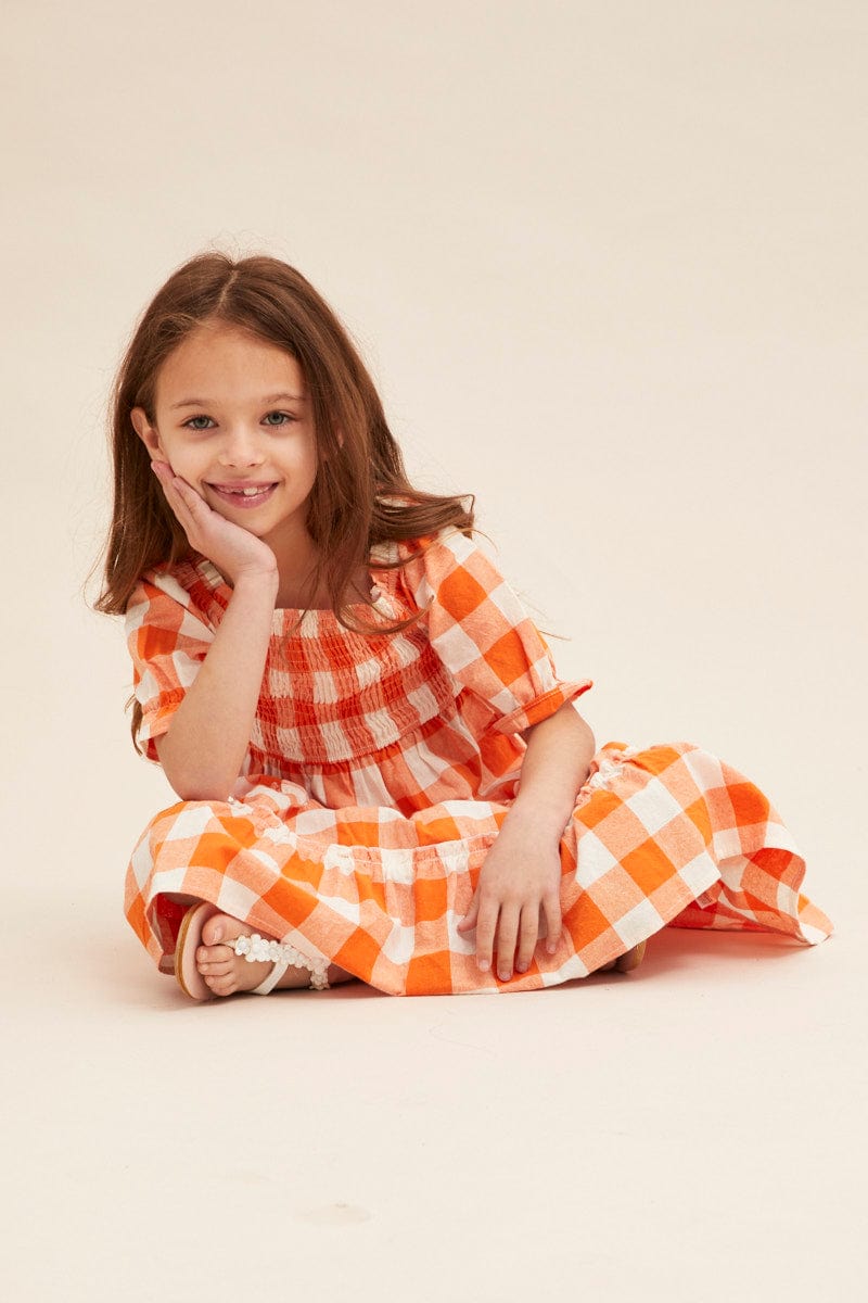 KIDS DRESS Orange Check Kids Midi Dress Short Sleeve Square Neck for Women by Ally