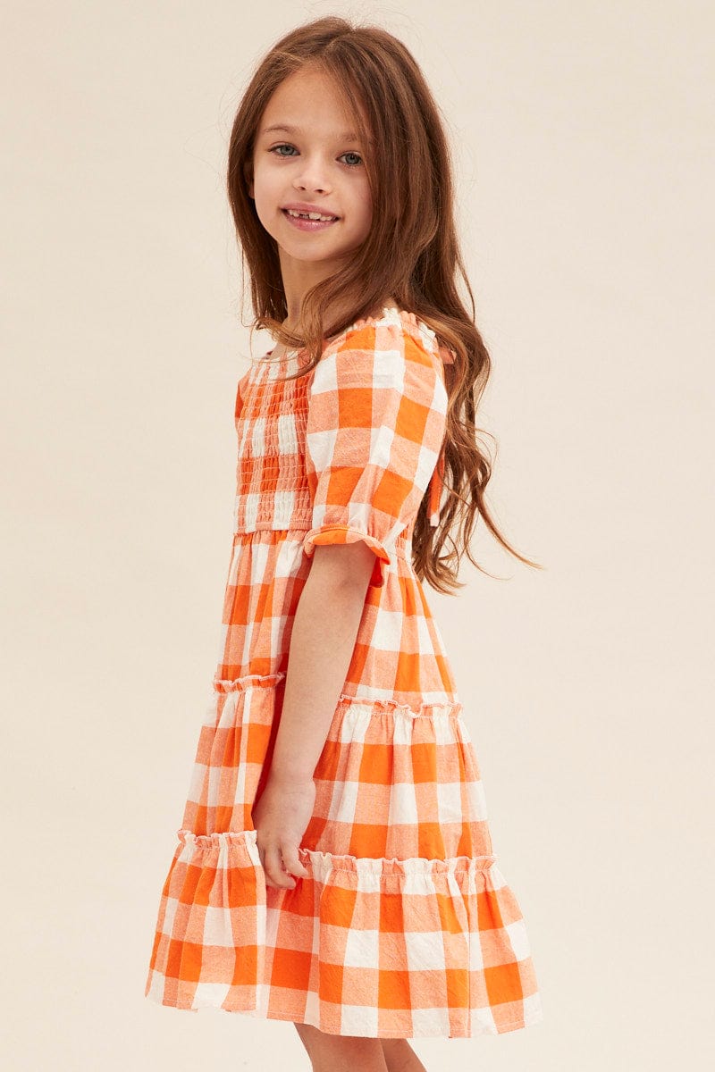 KIDS DRESS Orange Check Kids Midi Dress Short Sleeve Square Neck for Women by Ally