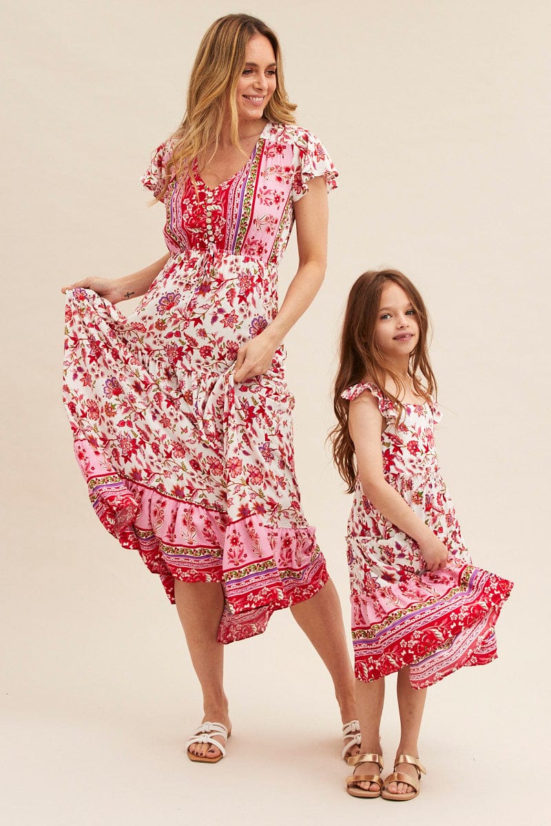 KIDS DRESS Pink Boho Kids Midi Dress Tiered for Women by Ally
