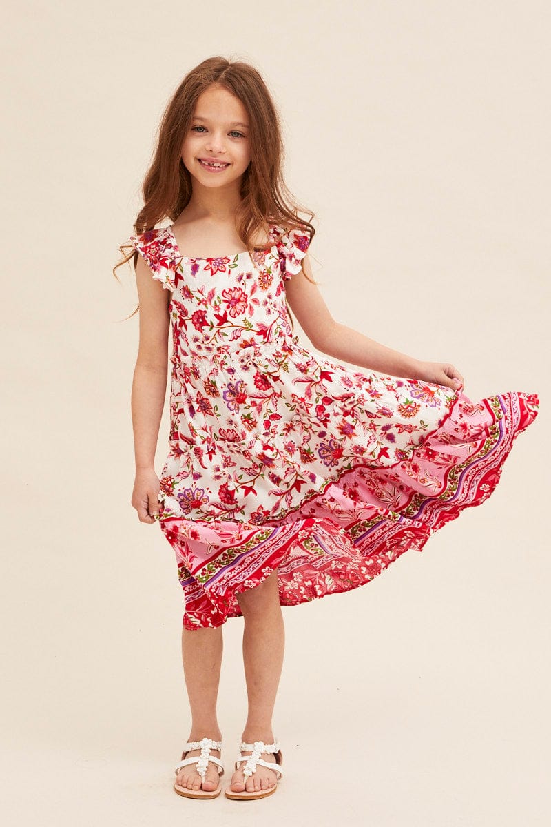 KIDS DRESS Pink Boho Kids Midi Dress Tiered for Women by Ally